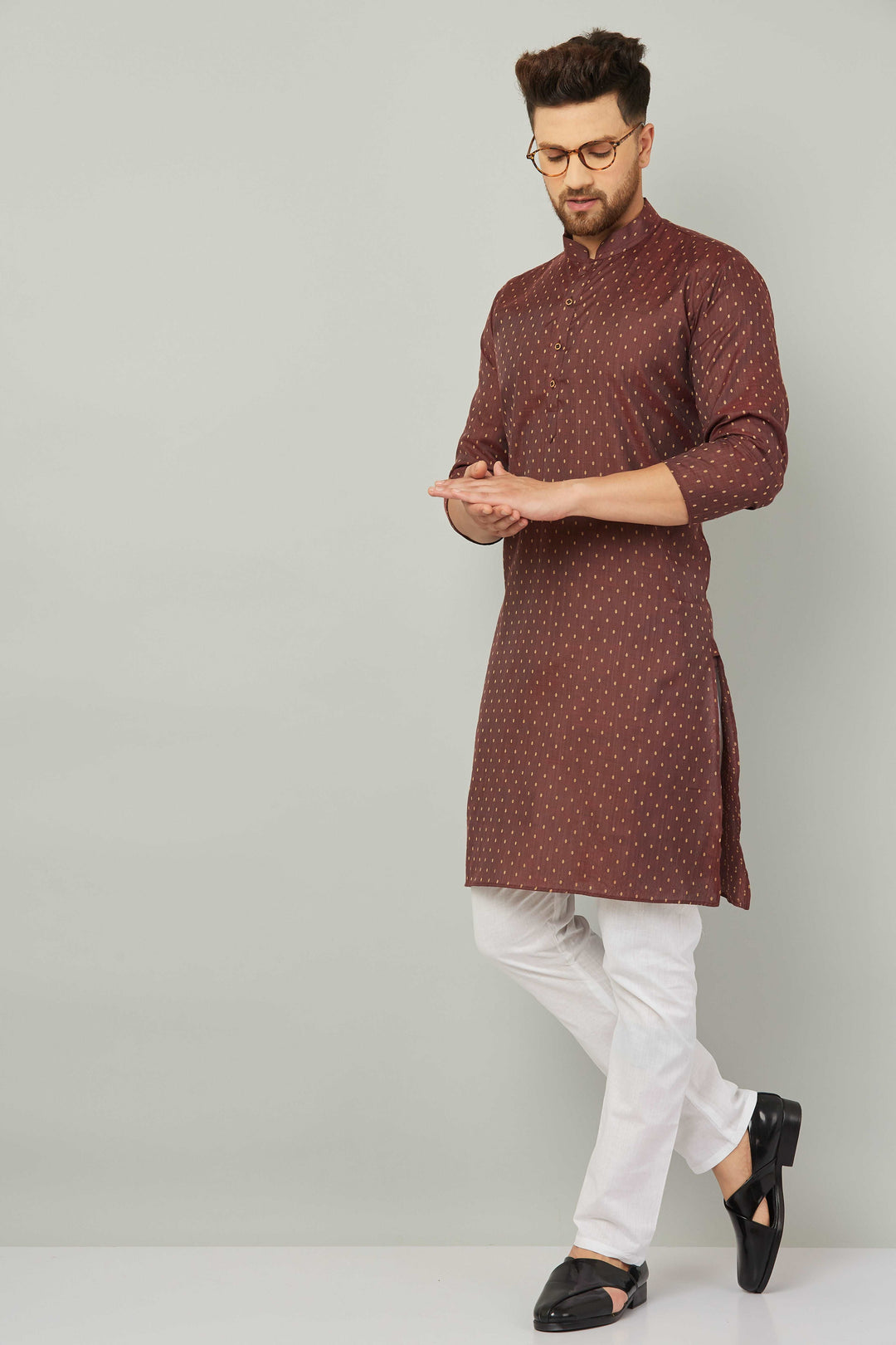 Men's Cotton Polka Dot Maroon Kurta Pajama Set