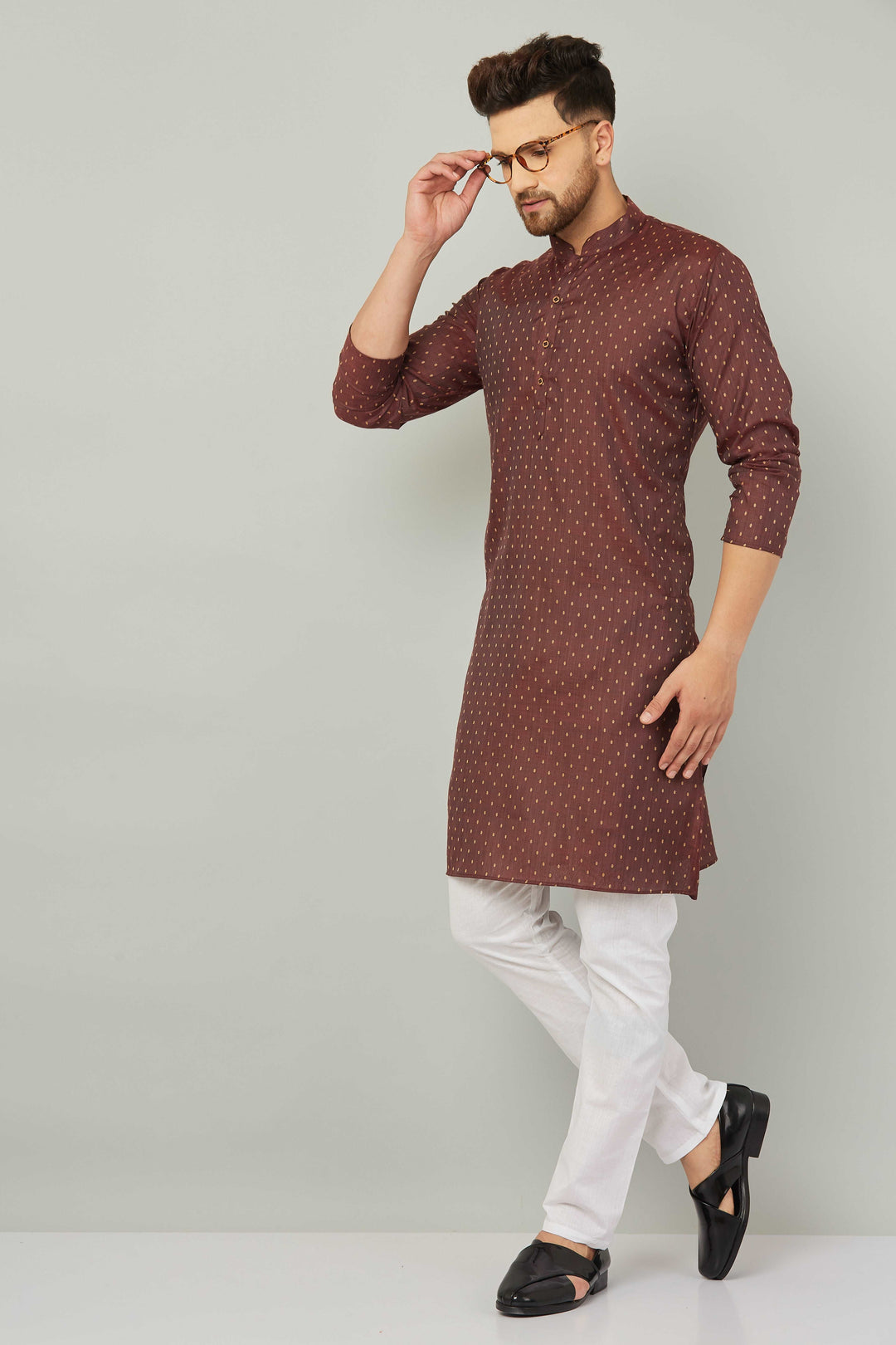 Men's Cotton Polka Dot Maroon Kurta Pajama Set