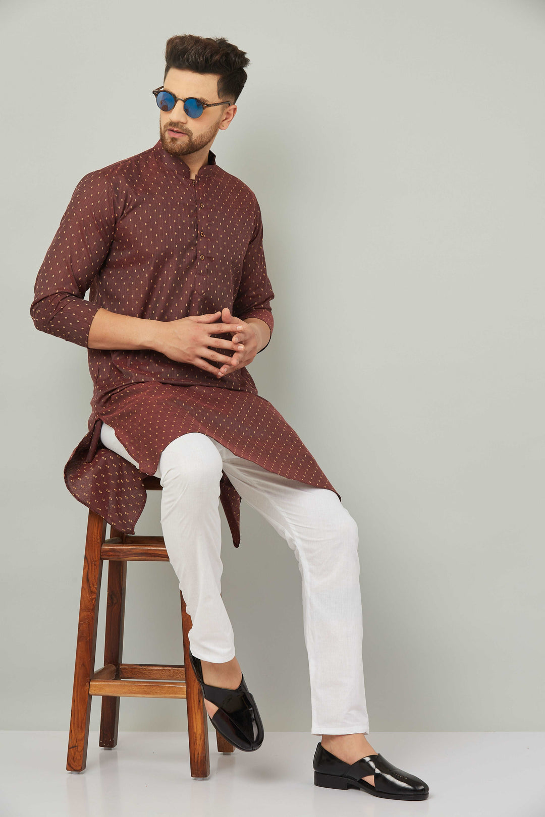 Men's Cotton Polka Dot Maroon Kurta Pajama Set