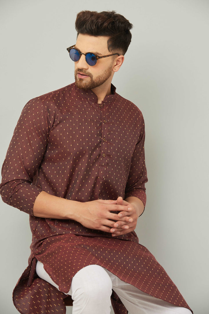 Men's Cotton Polka Dot Maroon Kurta Pajama Set