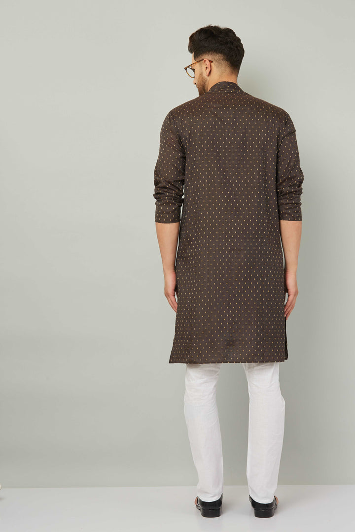 Men's Cotton Polka Dot Brown Kurta Pajama Set