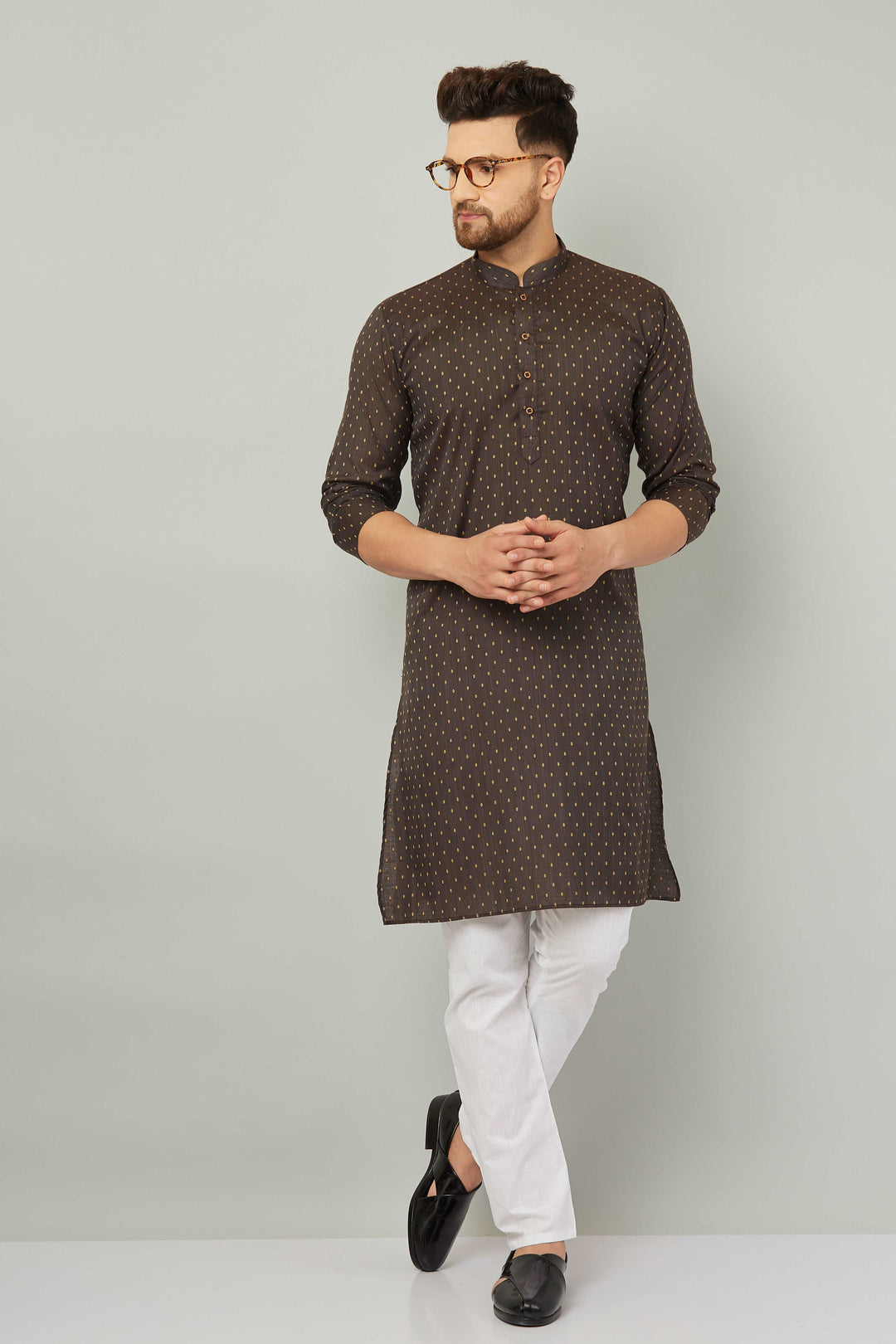 Men's Cotton Polka Dot Brown Kurta Pajama Set