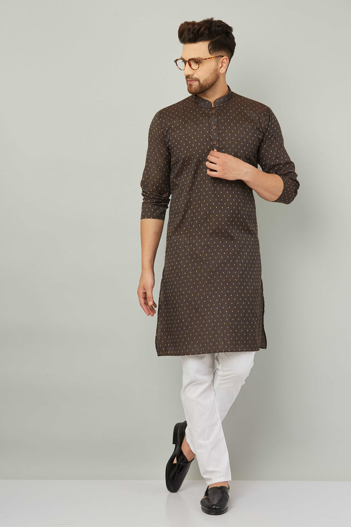 Men's Cotton Polka Dot Brown Kurta Pajama Set