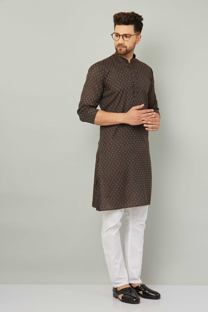 Men's Cotton Polka Dot Brown Kurta Pajama Set