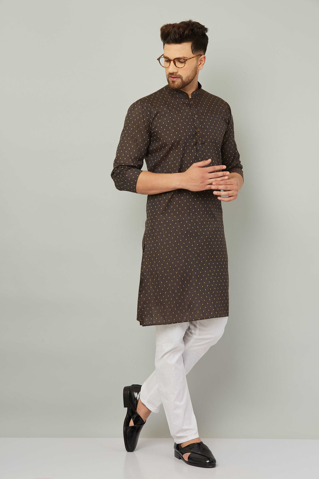 Men's Cotton Polka Dot Brown Kurta Pajama Set