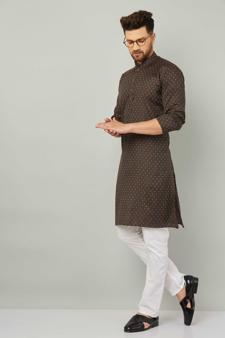 Men's Cotton Polka Dot Brown Kurta Pajama Set