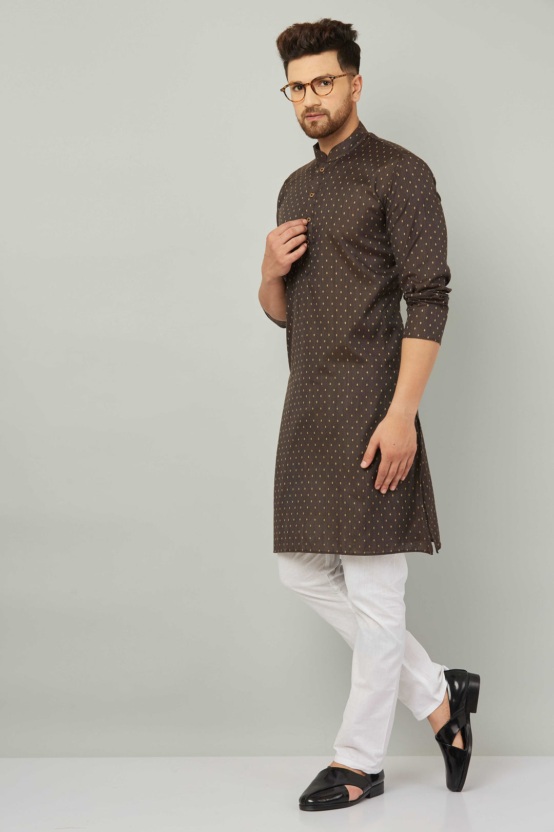 Men's Cotton Polka Dot Brown Kurta Pajama Set