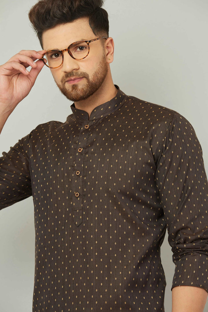 Men's Cotton Polka Dot Brown Kurta Pajama Set