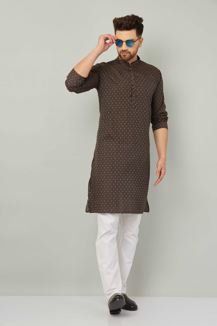 Men's Cotton Polka Dot Brown Kurta Pajama Set