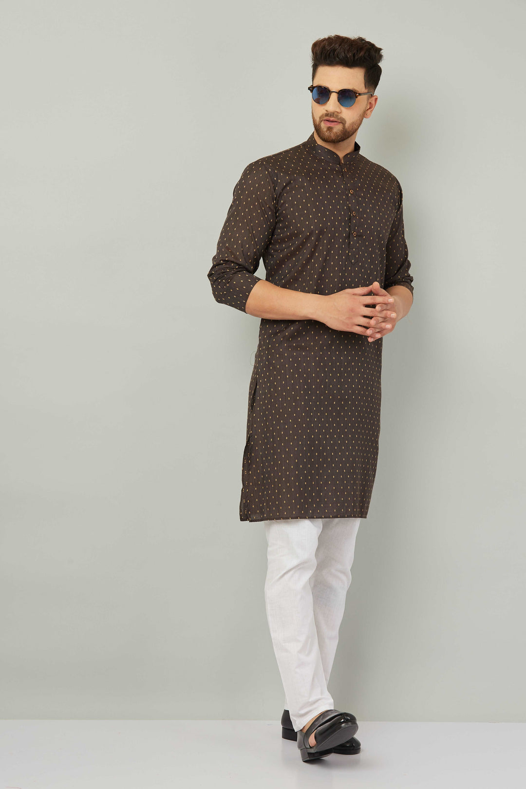 Men's Cotton Polka Dot Brown Kurta Pajama Set