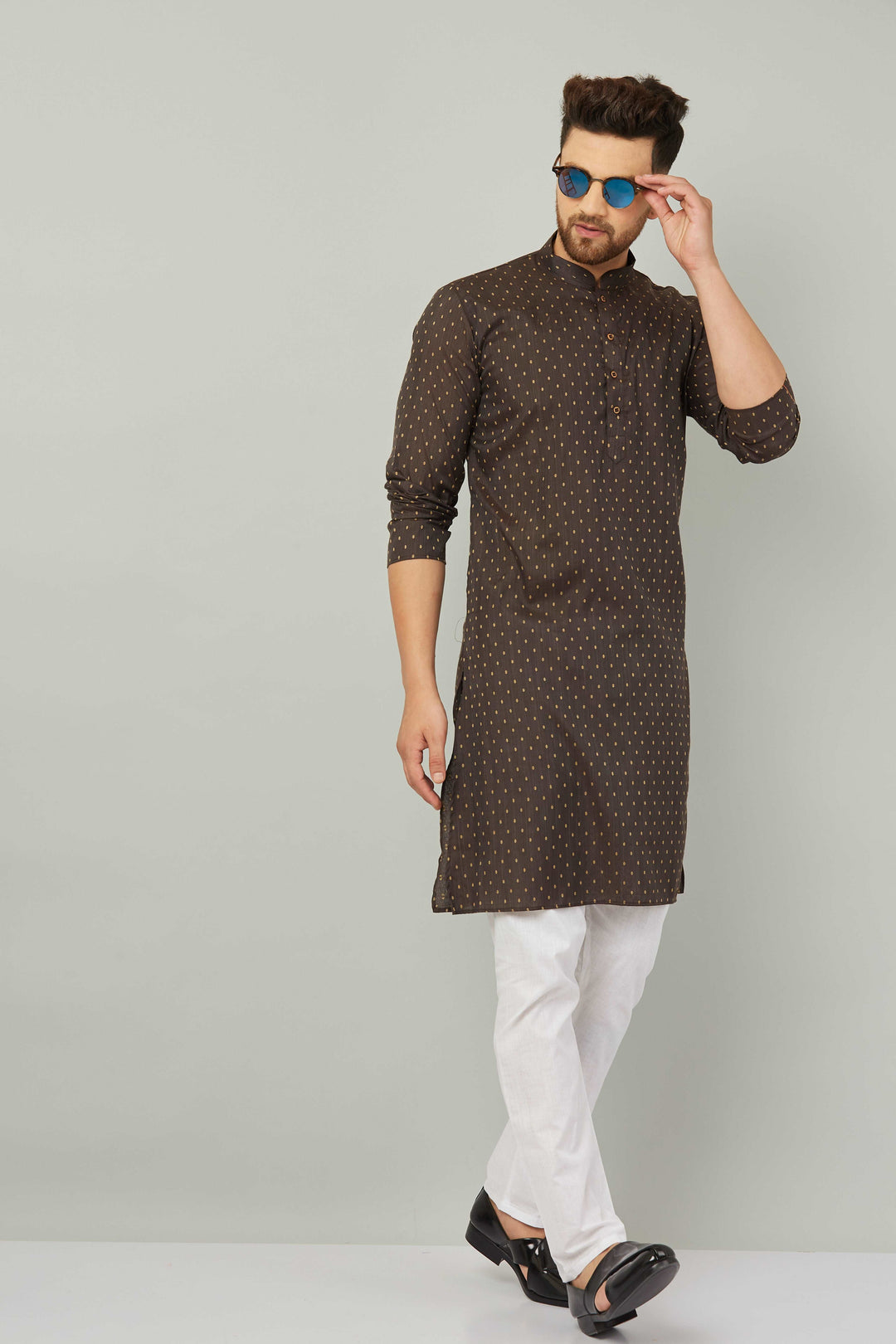 Men's Cotton Polka Dot Brown Kurta Pajama Set