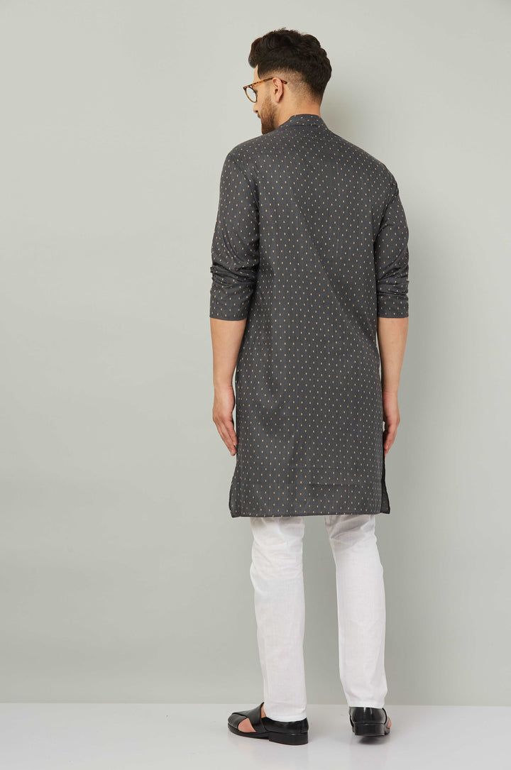 Men's Cotton Polka Dot Grey Kurta Pajama Set