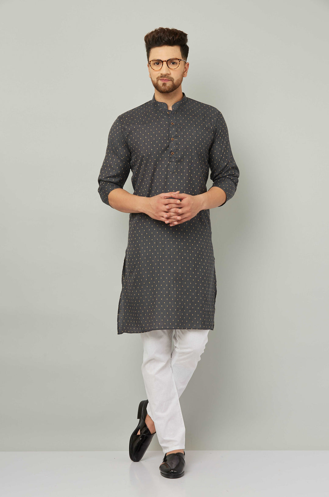 Men's Cotton Polka Dot Grey Kurta Pajama Set