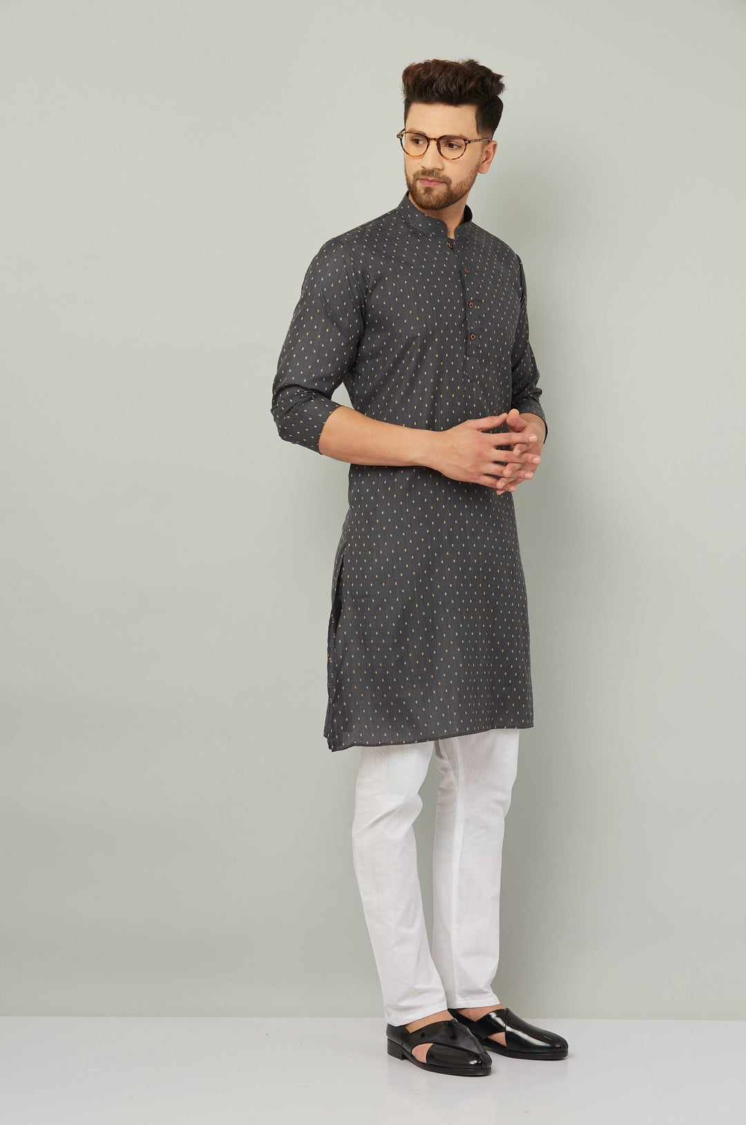 Men's Cotton Polka Dot Grey Kurta Pajama Set