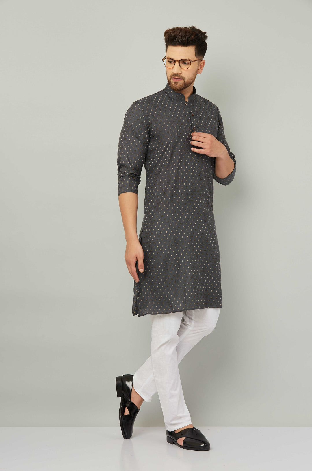 Men's Cotton Polka Dot Grey Kurta Pajama Set