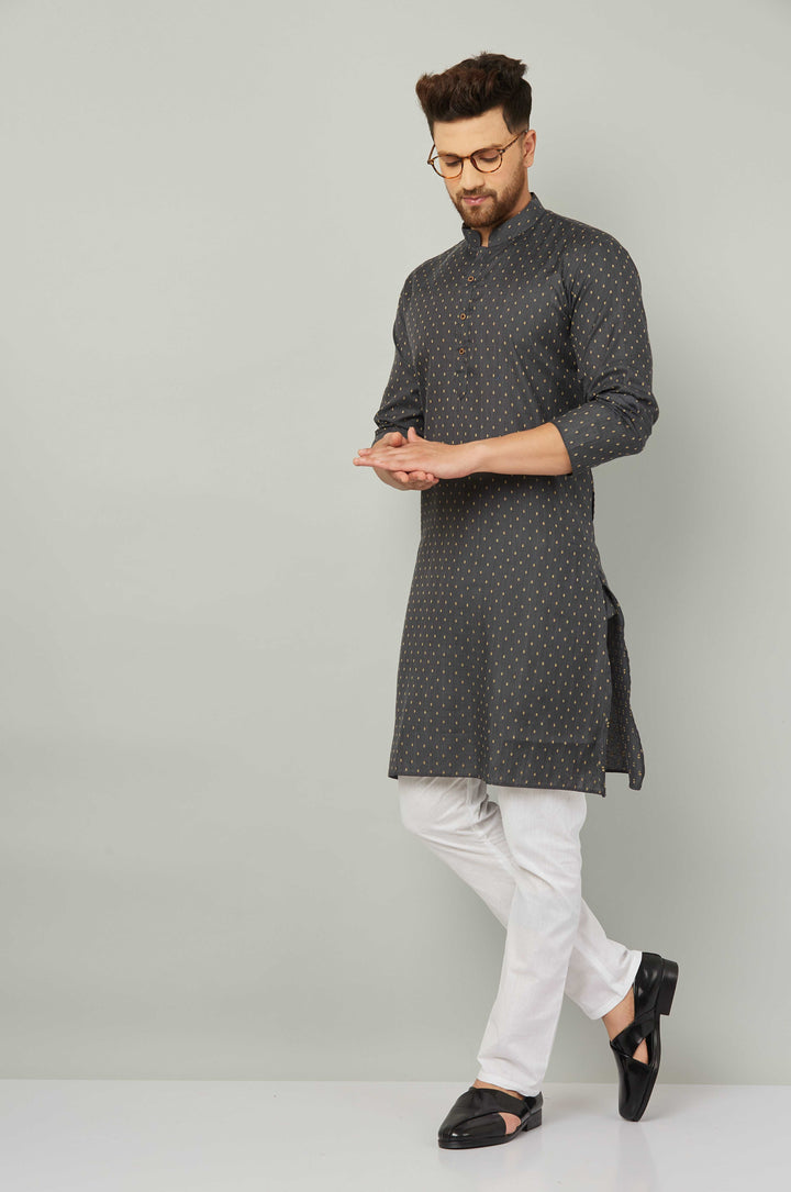 Men's Cotton Polka Dot Grey Kurta Pajama Set