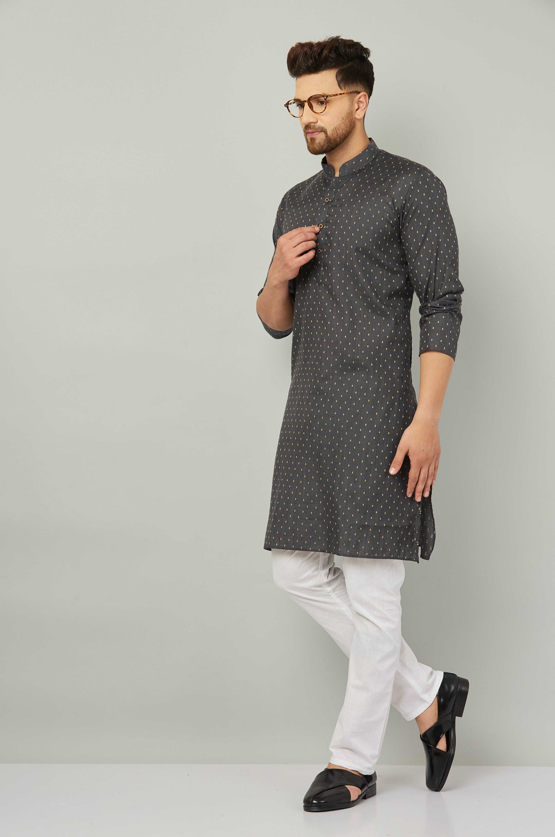 Men's Cotton Polka Dot Grey Kurta Pajama Set