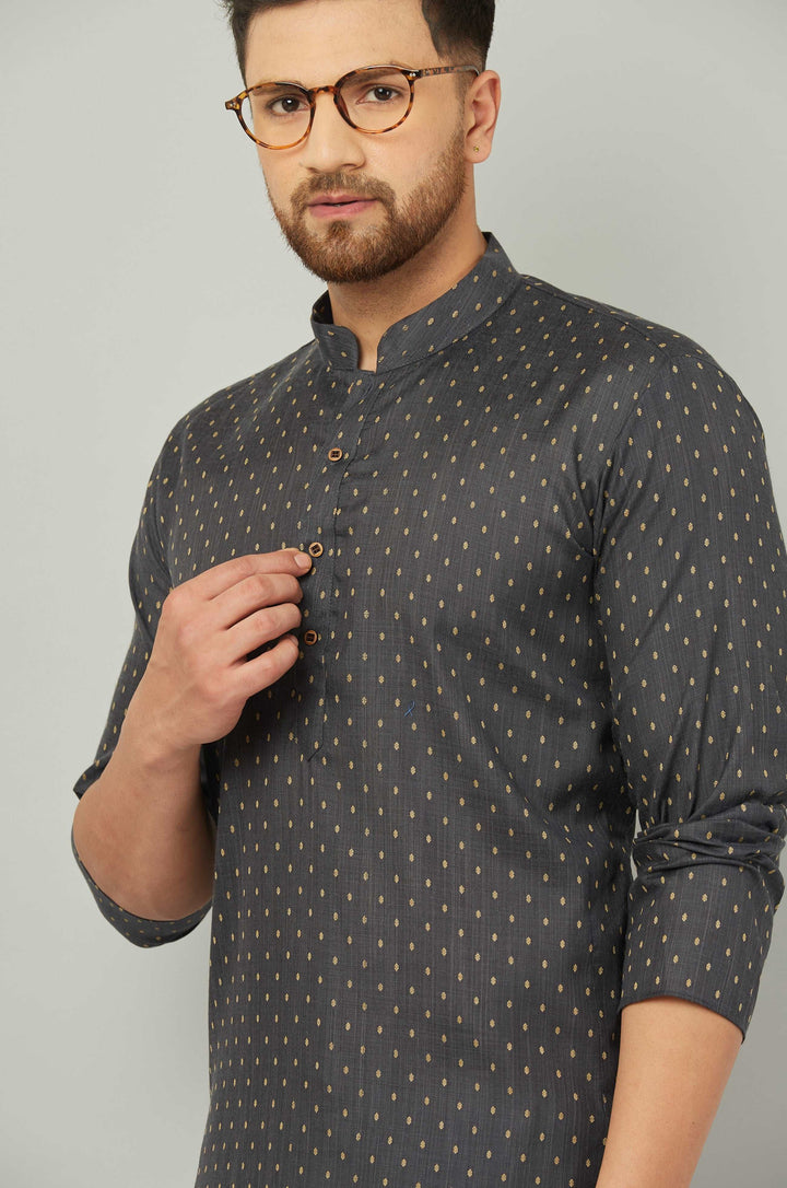 Men's Cotton Polka Dot Grey Kurta Pajama Set