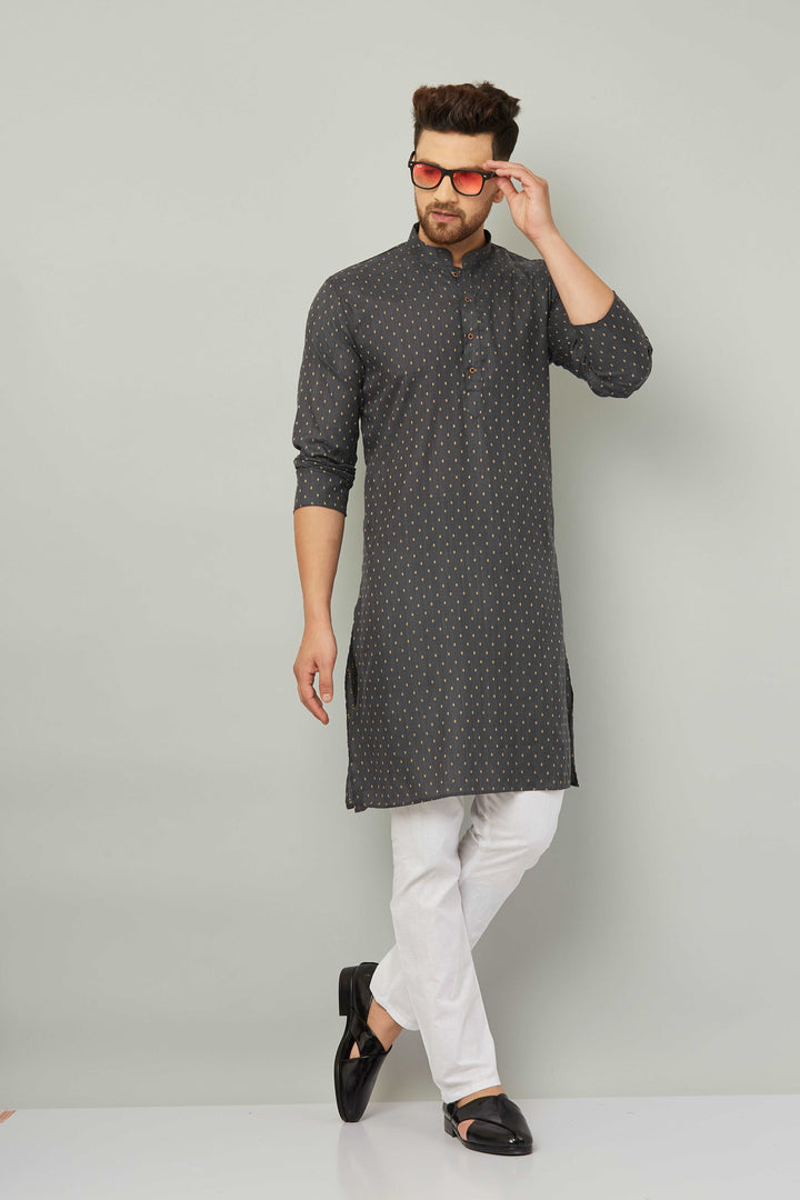 Men's Cotton Polka Dot Grey Kurta Pajama Set