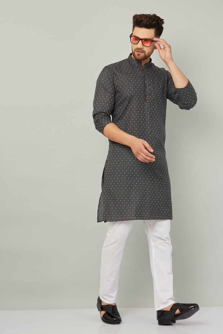 Men's Cotton Polka Dot Grey Kurta Pajama Set