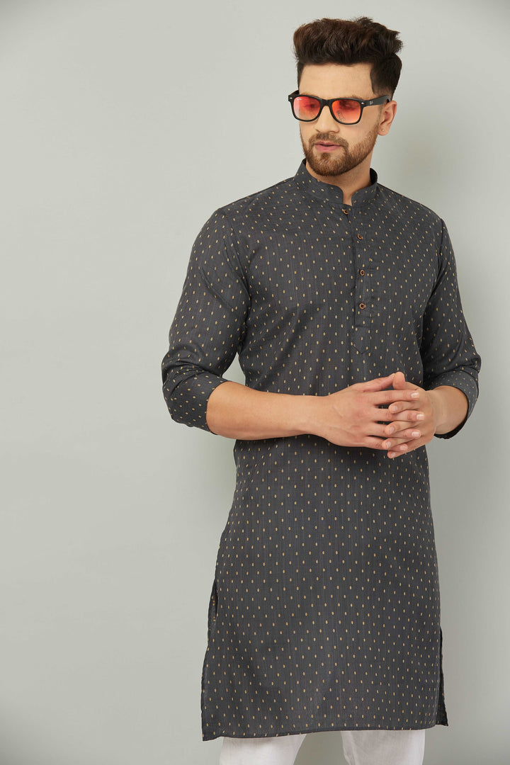 Men's Cotton Polka Dot Grey Kurta Pajama Set