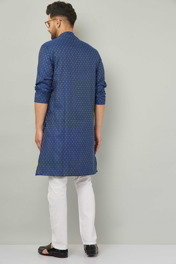 Men's Cotton Polka Dot Blue Kurta Pajama Set