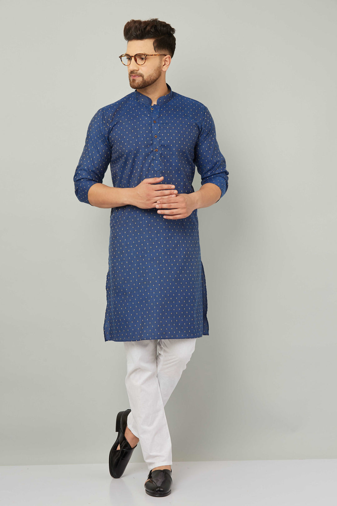 Men's Cotton Polka Dot Blue Kurta Pajama Set