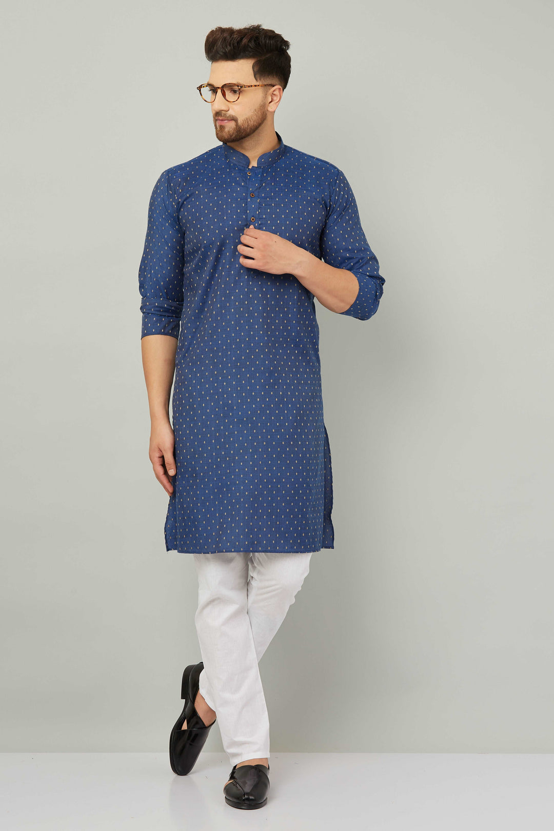 Men's Cotton Polka Dot Blue Kurta Pajama Set