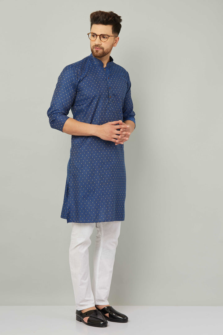 Men's Cotton Polka Dot Blue Kurta Pajama Set