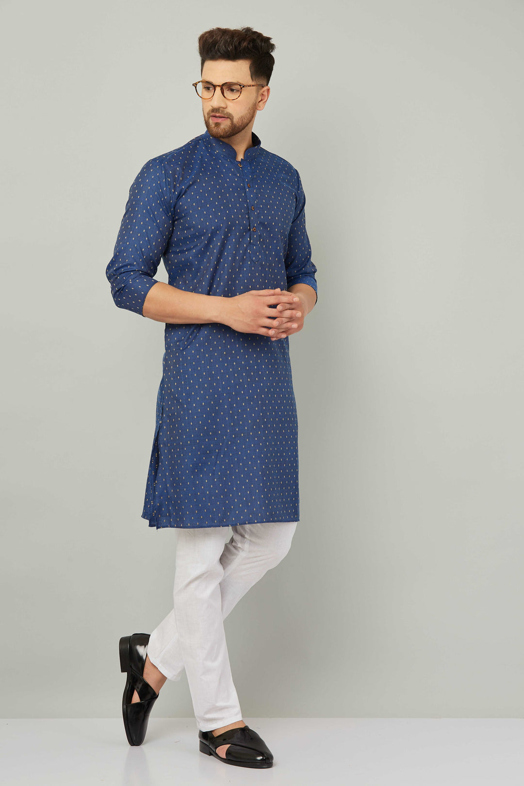 Men's Cotton Polka Dot Blue Kurta Pajama Set