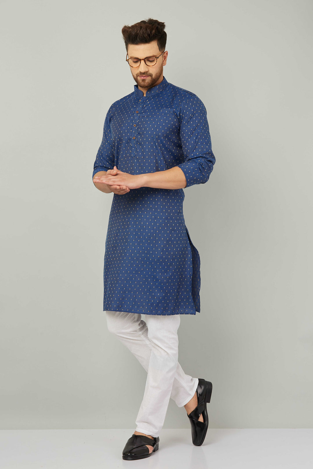 Men's Cotton Polka Dot Blue Kurta Pajama Set