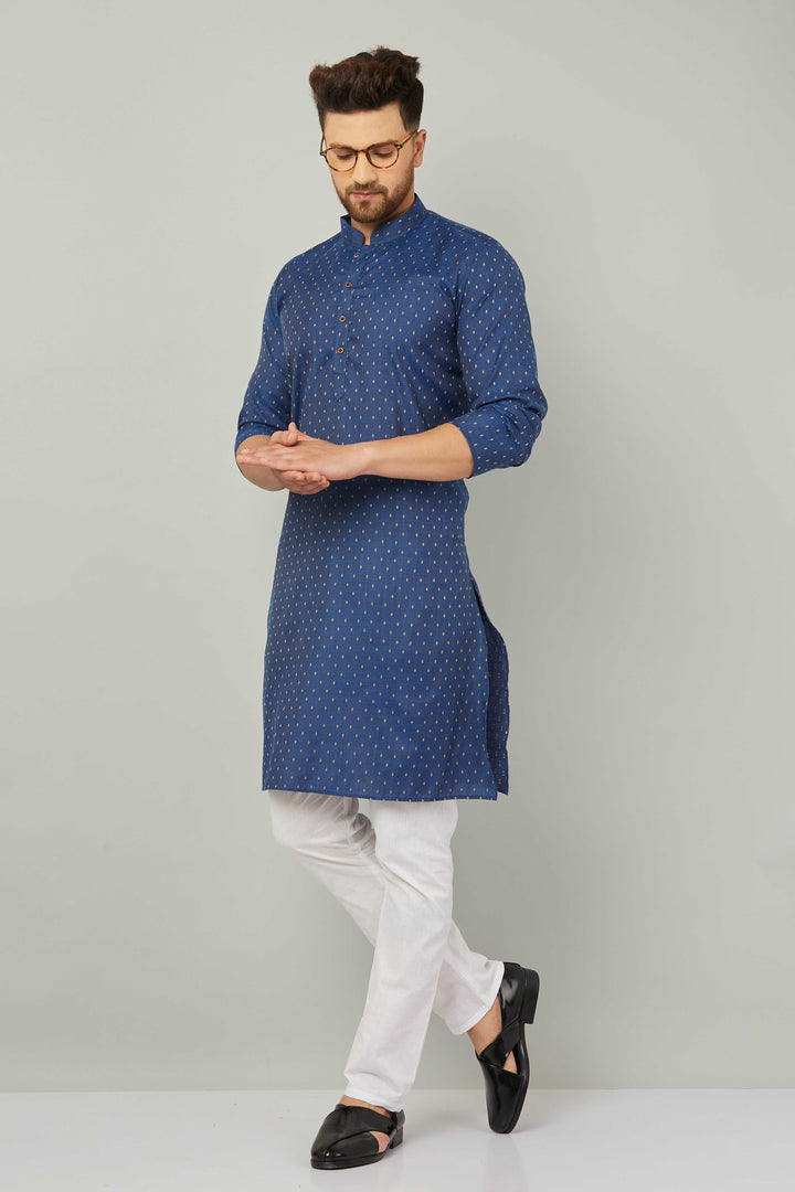 Men's Cotton Polka Dot Blue Kurta Pajama Set