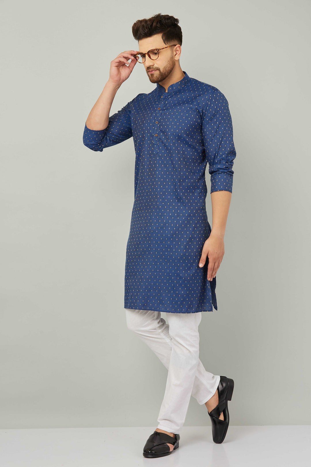 Men's Cotton Polka Dot Blue Kurta Pajama Set