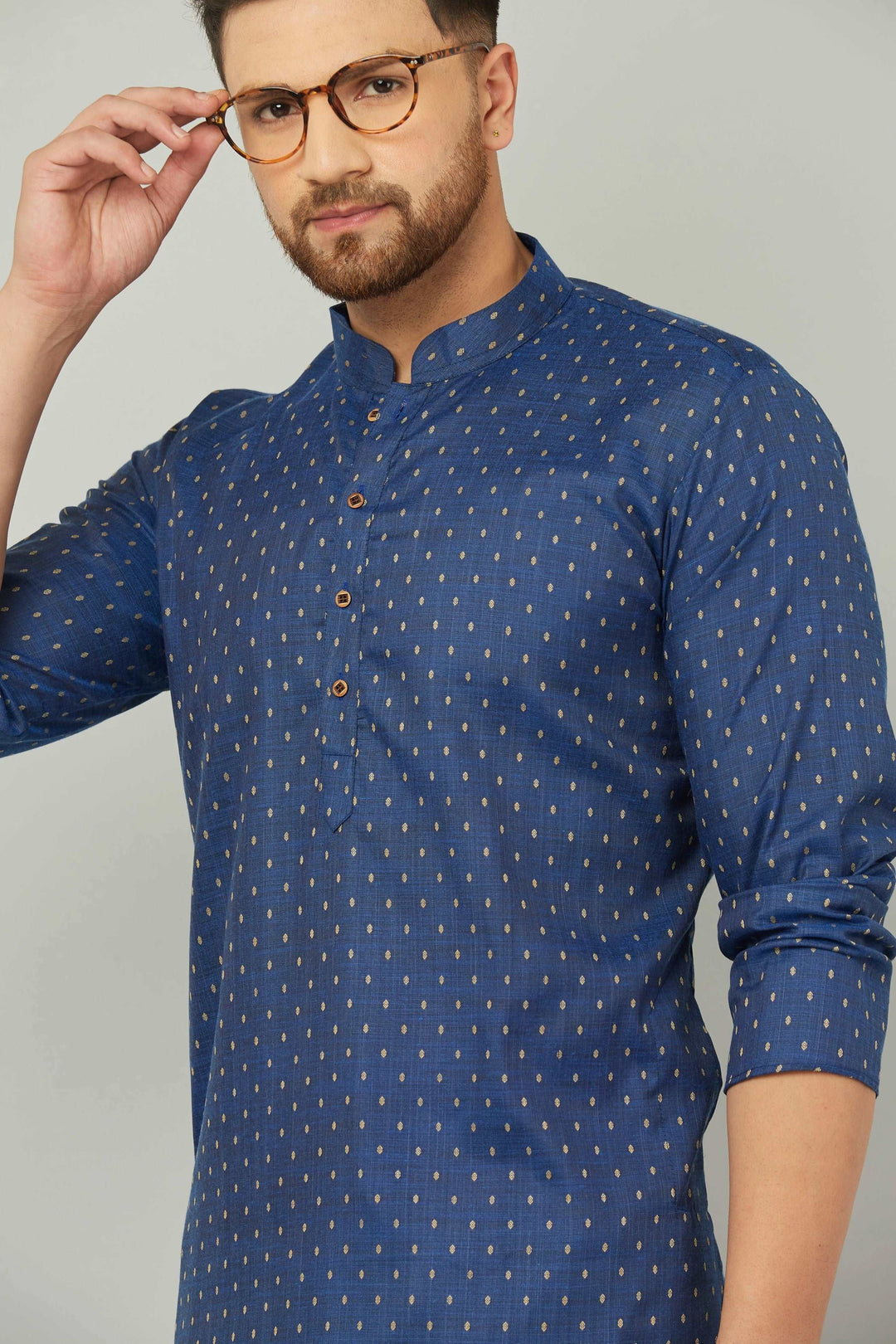 Men's Cotton Polka Dot Blue Kurta Pajama Set