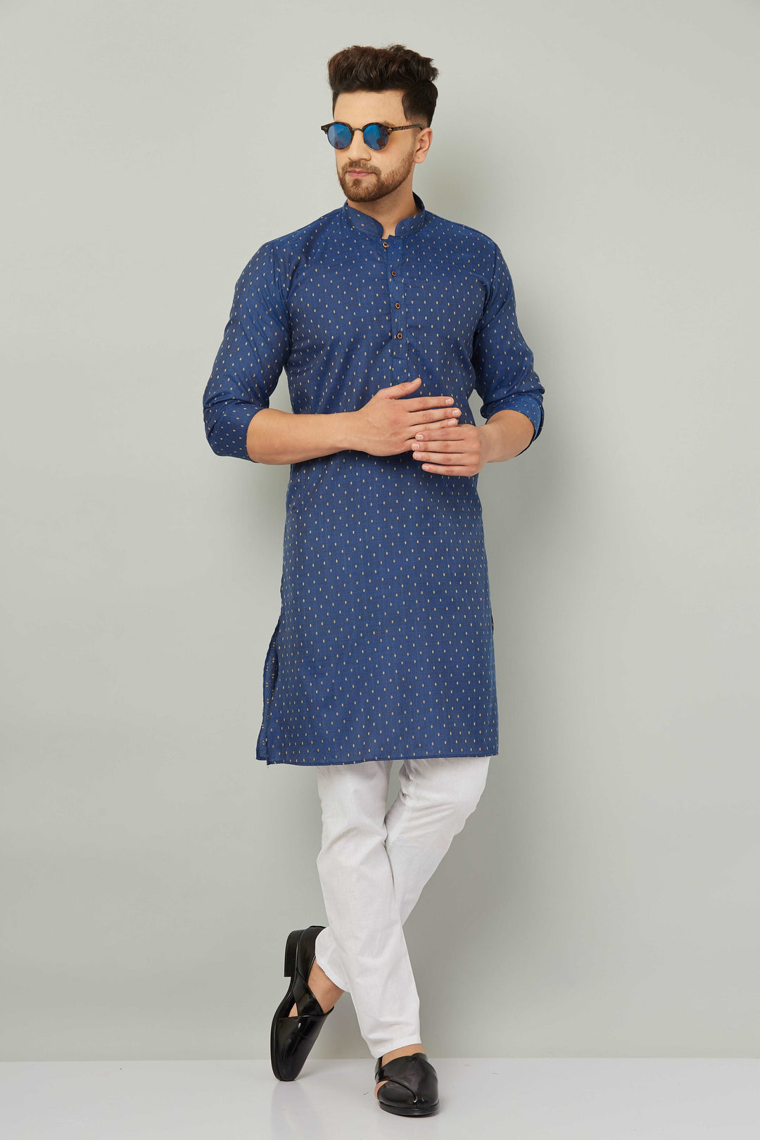 Men's Cotton Polka Dot Blue Kurta Pajama Set