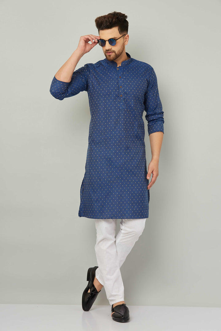 Men's Cotton Polka Dot Blue Kurta Pajama Set