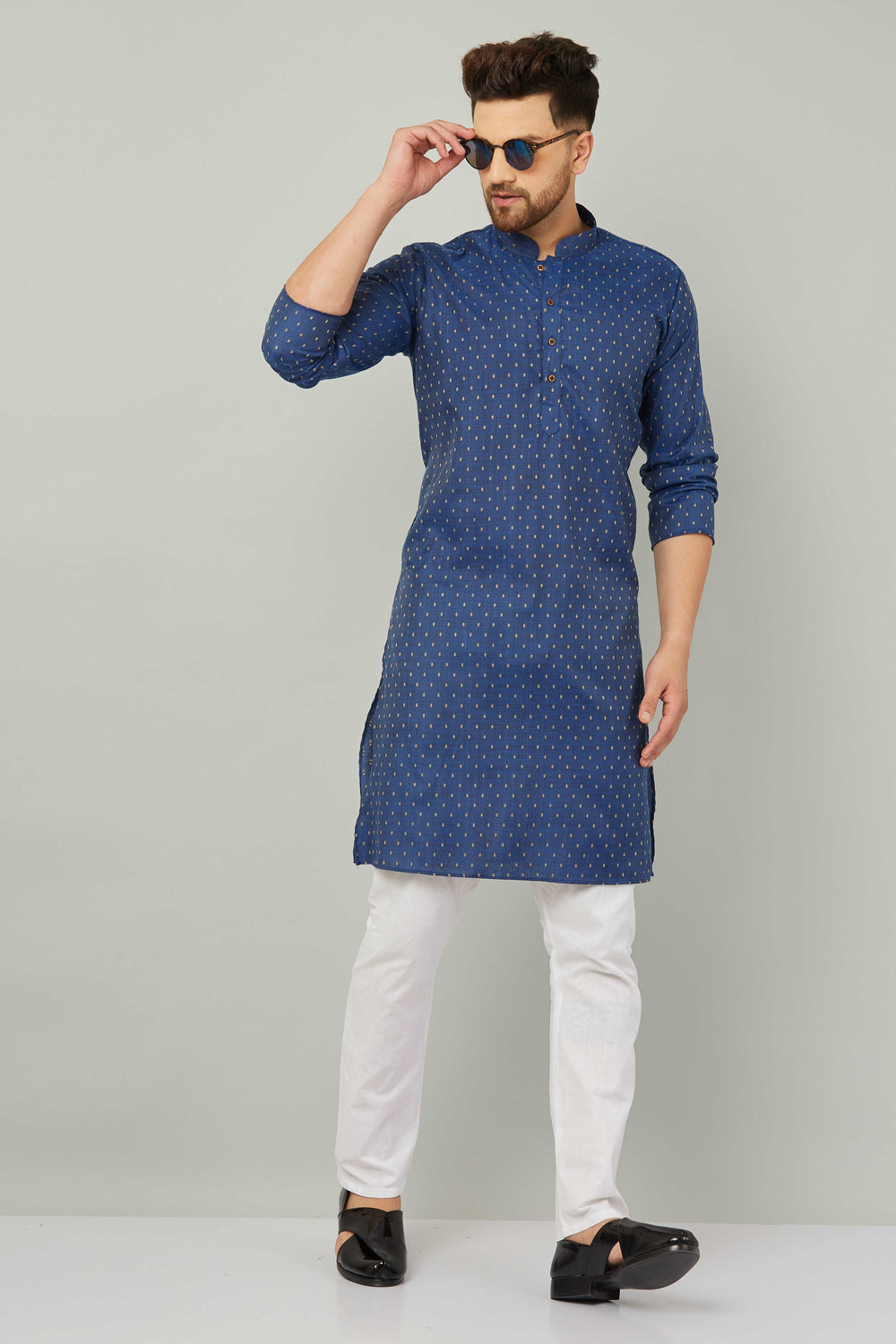 Men's Cotton Polka Dot Blue Kurta Pajama Set