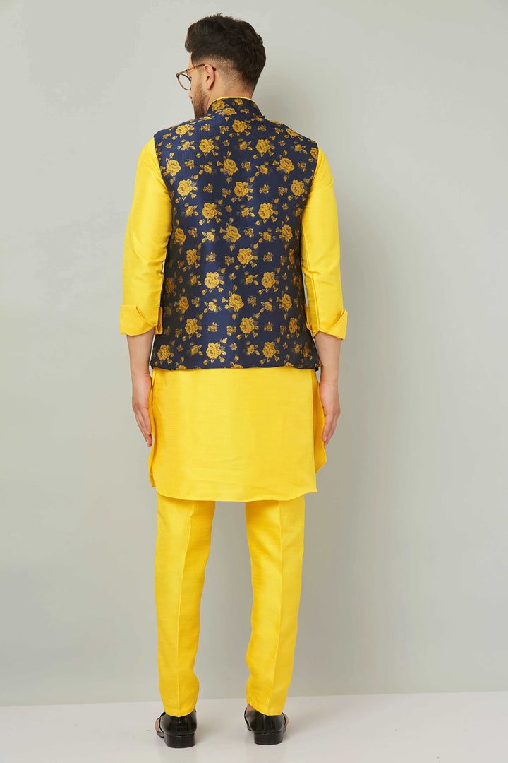 Men's Mandarin Collar Yellow Kurta With Trousers & Nehru Jacket Set.