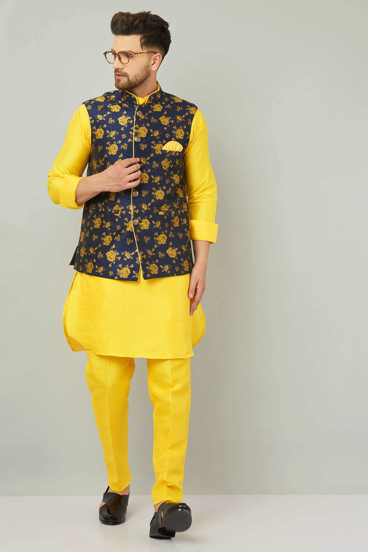 Men's Mandarin Collar Yellow Kurta With Trousers & Nehru Jacket Set.