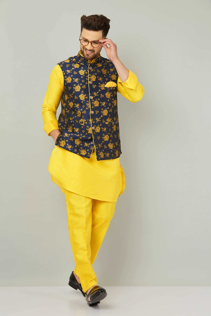 Men's Mandarin Collar Yellow Kurta With Trousers & Nehru Jacket Set.