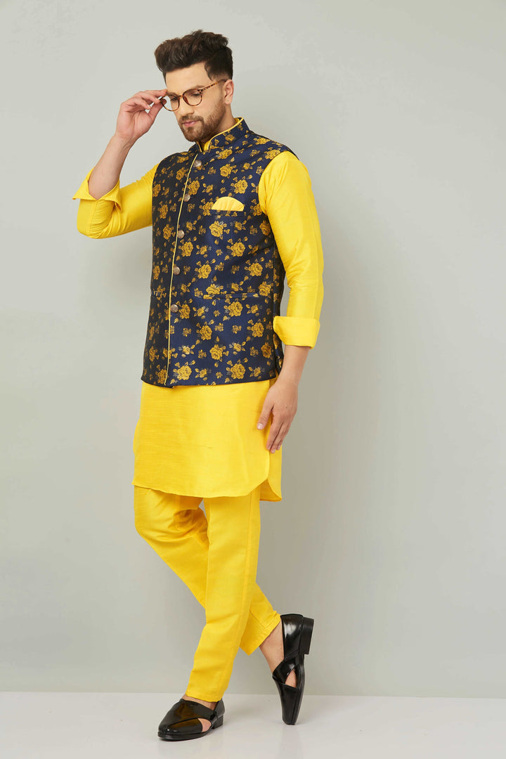 Men's Mandarin Collar Yellow Kurta With Trousers & Nehru Jacket Set.