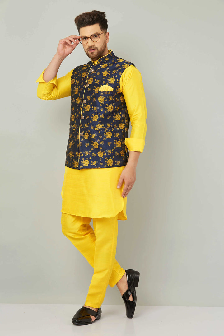 Men's Mandarin Collar Yellow Kurta With Trousers & Nehru Jacket Set.