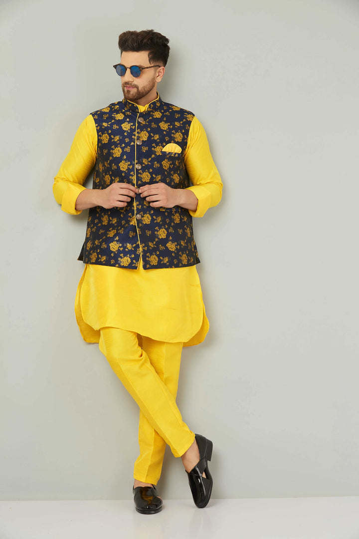 Men's Mandarin Collar Yellow Kurta With Trousers & Nehru Jacket Set.