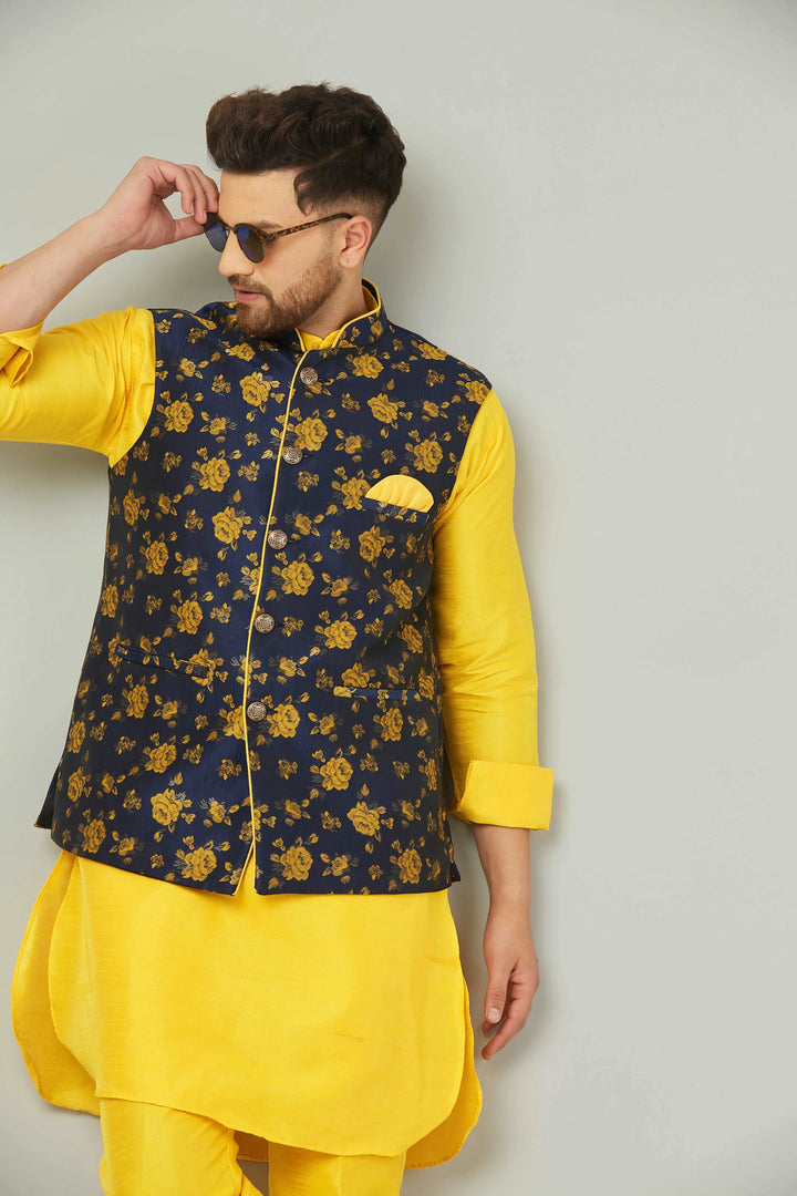 Men's Mandarin Collar Yellow Kurta With Trousers & Nehru Jacket Set.