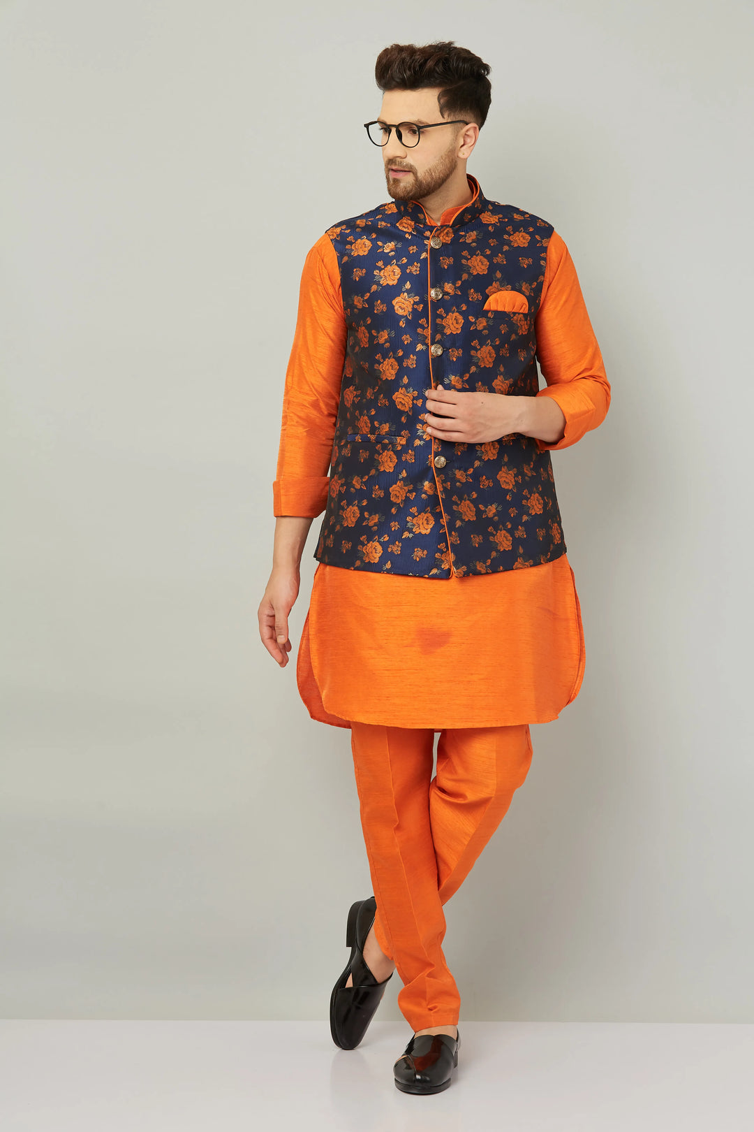 Tangerine Sophistication Orange Nehru Jacket Kurta with Pant Set for Men – Elevate Your Style with Vibrant Elegance