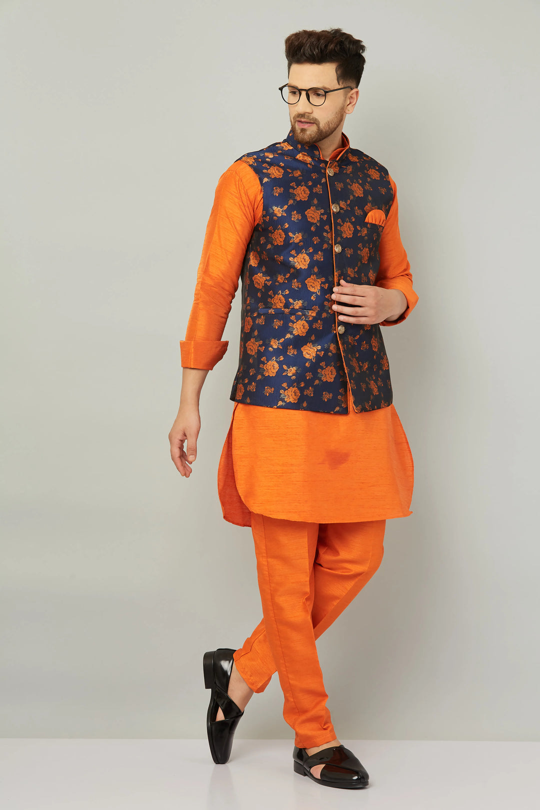 Tangerine Sophistication Orange Nehru Jacket Kurta with Pant Set for Men – Elevate Your Style with Vibrant Elegance