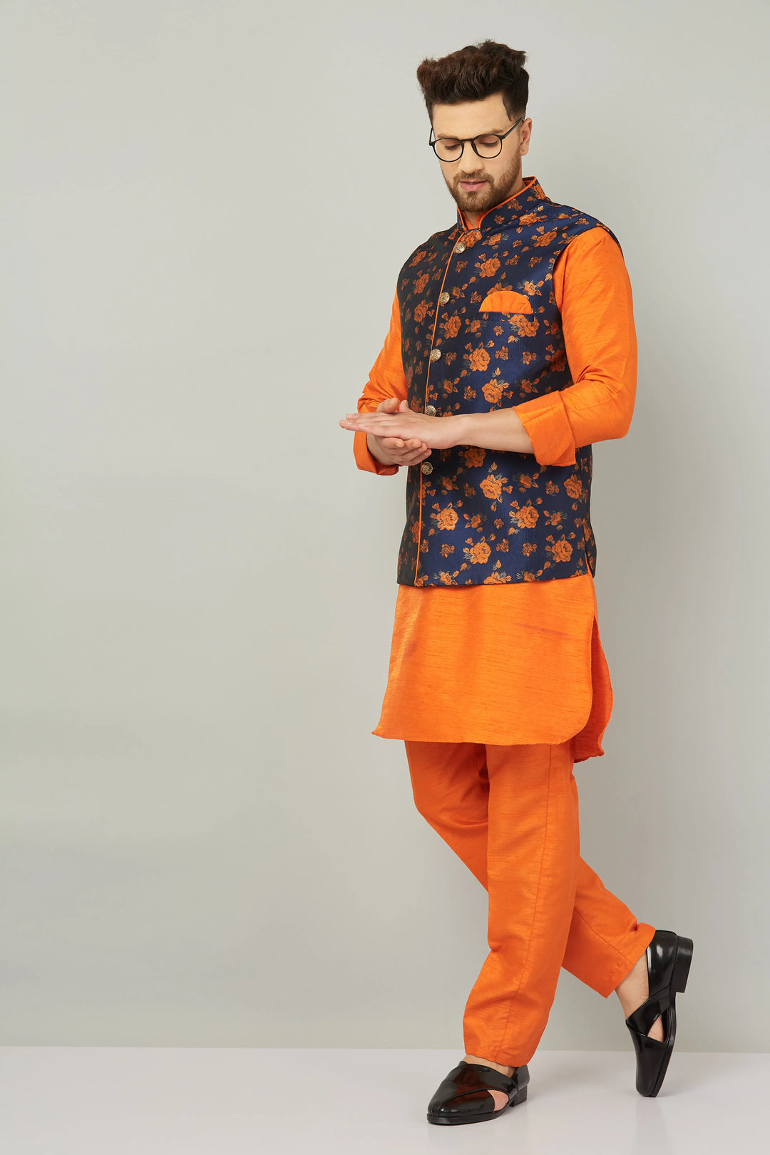 Tangerine Sophistication Orange Nehru Jacket Kurta with Pant Set for Men – Elevate Your Style with Vibrant Elegance