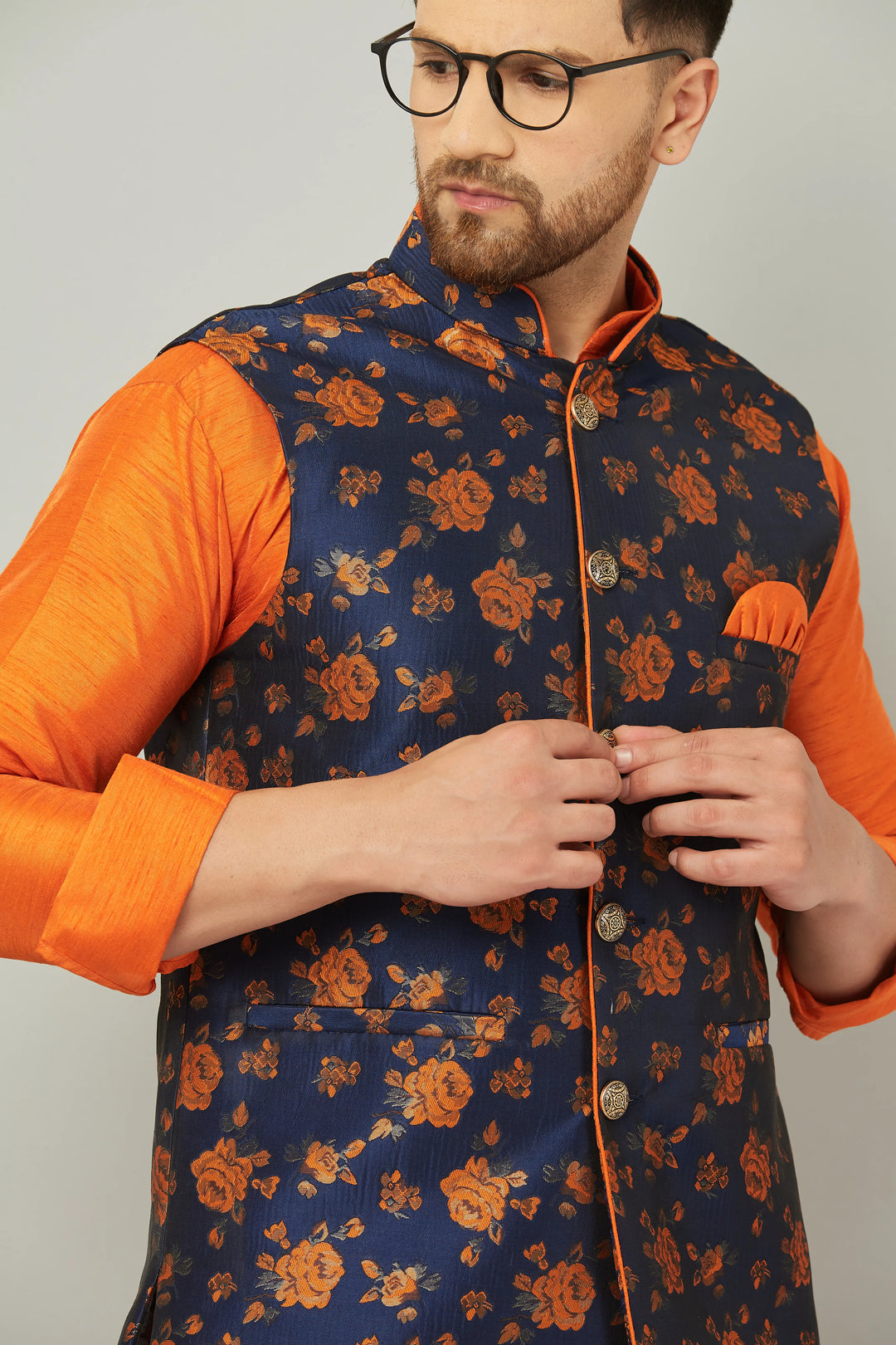 Tangerine Sophistication Orange Nehru Jacket Kurta with Pant Set for Men – Elevate Your Style with Vibrant Elegance