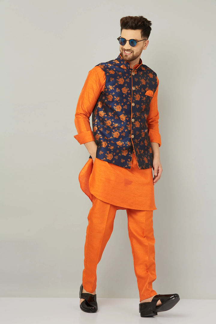 Tangerine Sophistication Orange Nehru Jacket Kurta with Pant Set for Men – Elevate Your Style with Vibrant Elegance