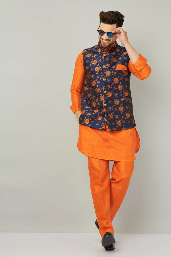 Tangerine Sophistication Orange Nehru Jacket Kurta with Pant Set for Men – Elevate Your Style with Vibrant Elegance